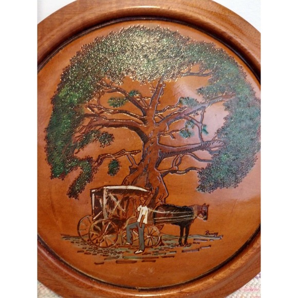 Vintage Tooled Leather Wall Hanging Picture Round Wood Handmade cottage hippie - Picture 2 of 10